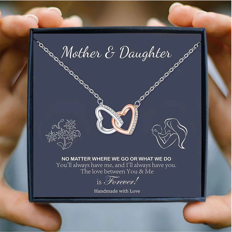 Double Heart Chain Necklace Women Crystal Linked Necklaces Mother'S Day Gift Mother and Daughter Jewelry